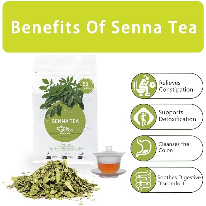 Samcci - Senna Tea, 50 Teabags, 1.5g/bag - Senna Leaf Tea for Constipation -Digestive - Poop for Promoting Digestion - Colon Cleanse -Non-GMO - Caffeine-free