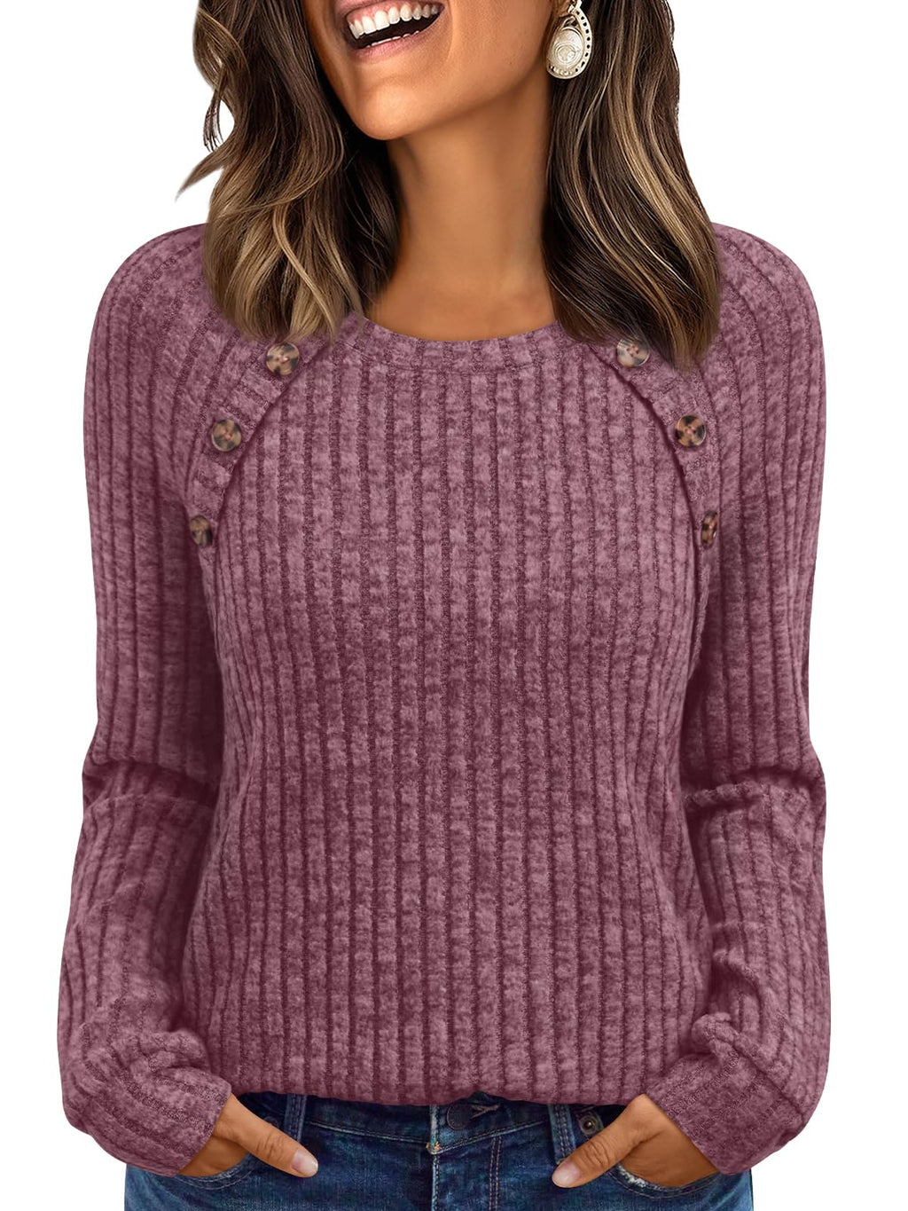 Women's Long Sleeve Tops - Fall Lightweight Sweaters with Shoulder Buttons