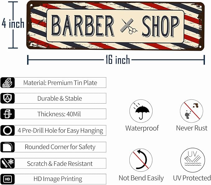 Barber Shop Decor Accessories - Barbershop Poster Metal Tin Signs Vintage Wall Art, Barber Gifts for Men Haircut Decorations 4x16 Inch