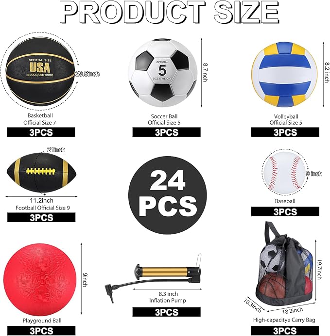 Leyndo 18 Pcs Sport Balls Bulk Set Basketball Football Volleyball Soccer Playground Baseball with Sport Equipment Bag Pump for Youth Adults Outdoor Indoor Practice Gift Back to School
