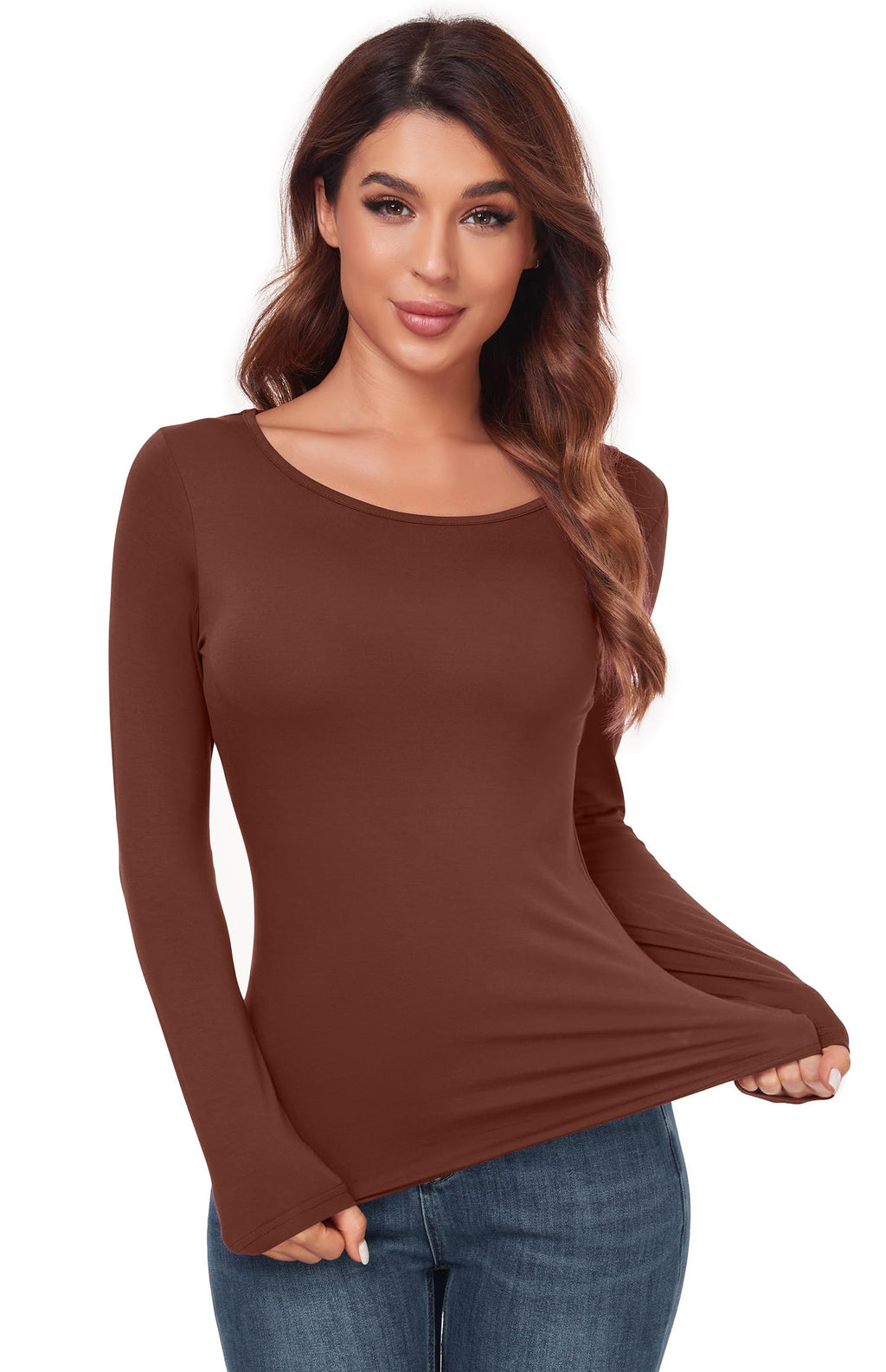 Women's Scoop Neck Long Sleeve Top - Slim Fit Thermal Blouse Basic Layer Shirt
