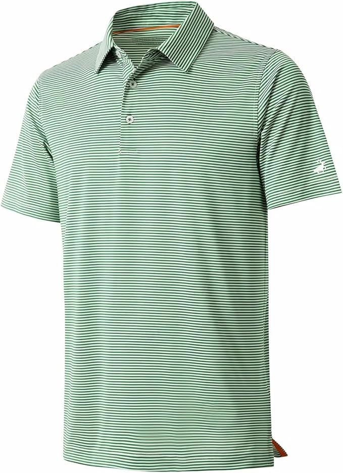 Men's striped moisture-wicking golf polo shirt with a button closure and no-curl collar