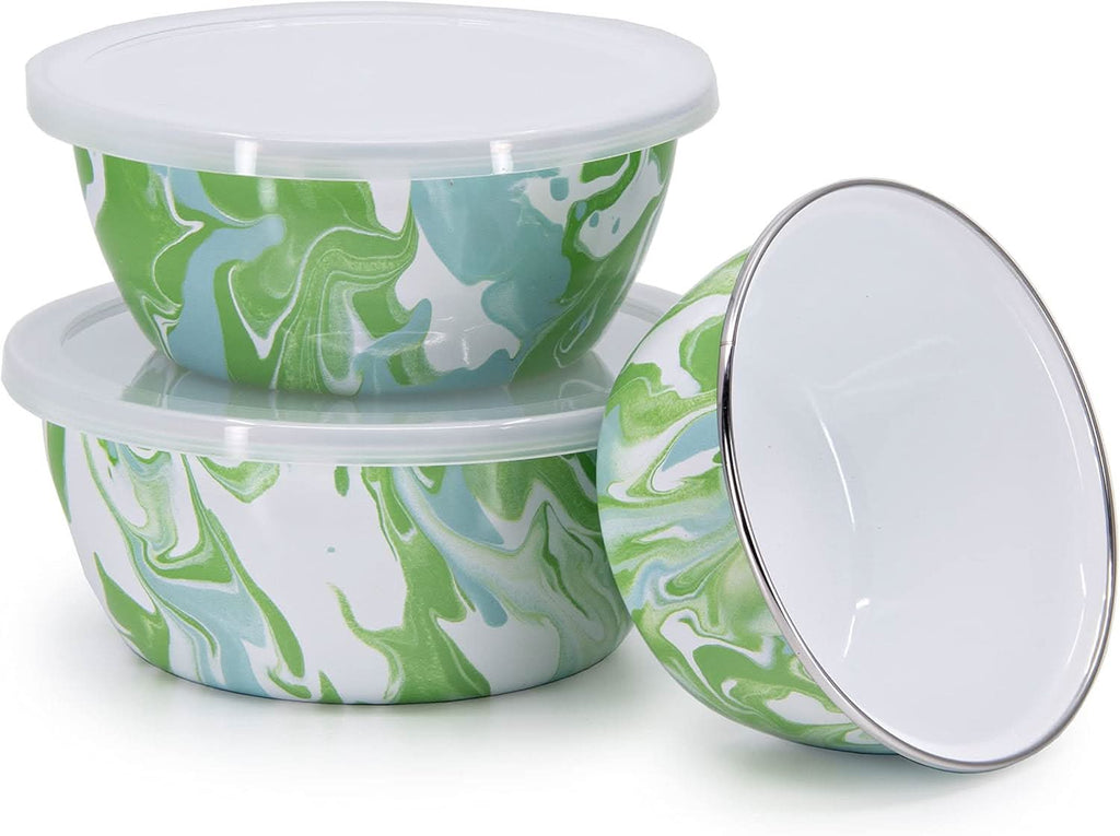 Set of three Golden Rabbit Modern Monet enamelware nesting bowls in swirled kelly green, mint, and white abstract patterns.