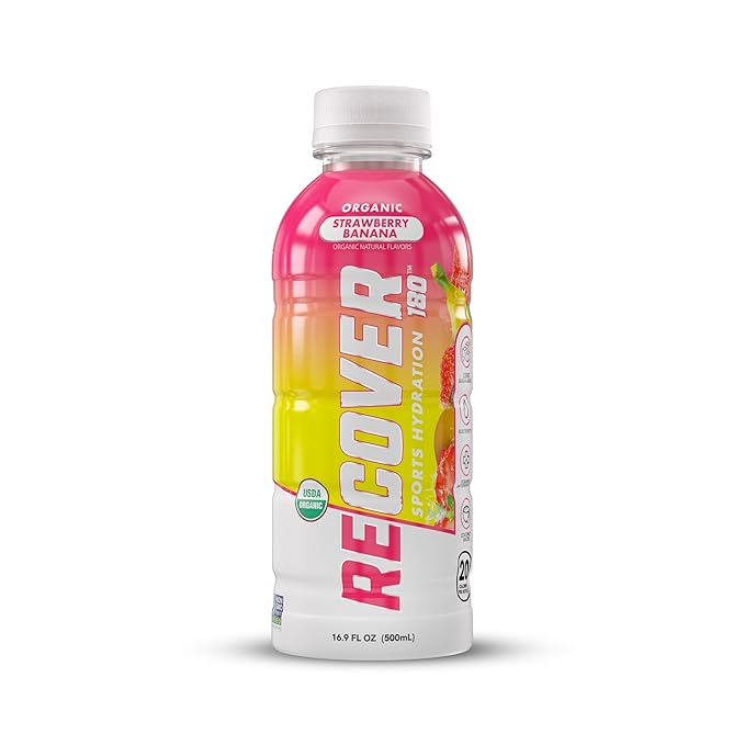 RECOVER 180 Organic Sports Hydration Drink, No Sugar Added, 20 Calorie Sports Beverage, Organic Flavors With Vitamins, Potassium-Packed Electrolytes (16.9 Fl Oz (Pack of 12), Strawberry Banana)