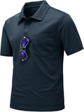 Men's short sleeve quick dry polo shirt with chest pocket and 2-button placket in a classic athletic style.