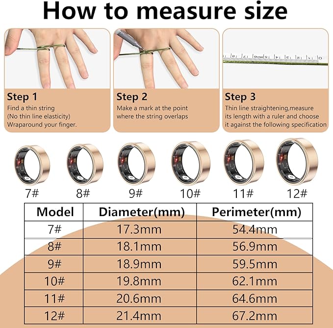 Thin Smart Ring for Fitness & Health Tracking -Heart Rate/Blood Oxygen Monitor, 5ATM Waterproof, Sleep Analysis, Pedometer -No APP Subscription Compatible with Smartphone (Rose Gold, 10)