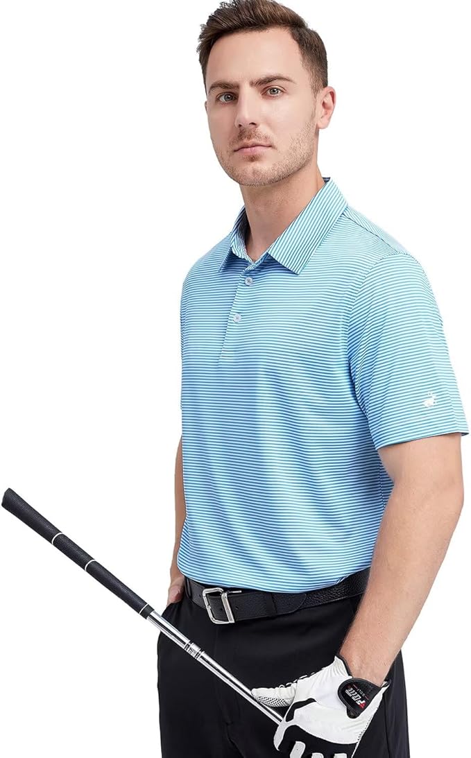 Mens Striped Performance Golf Polo Shirt - Moisture Wicking Dry Fit