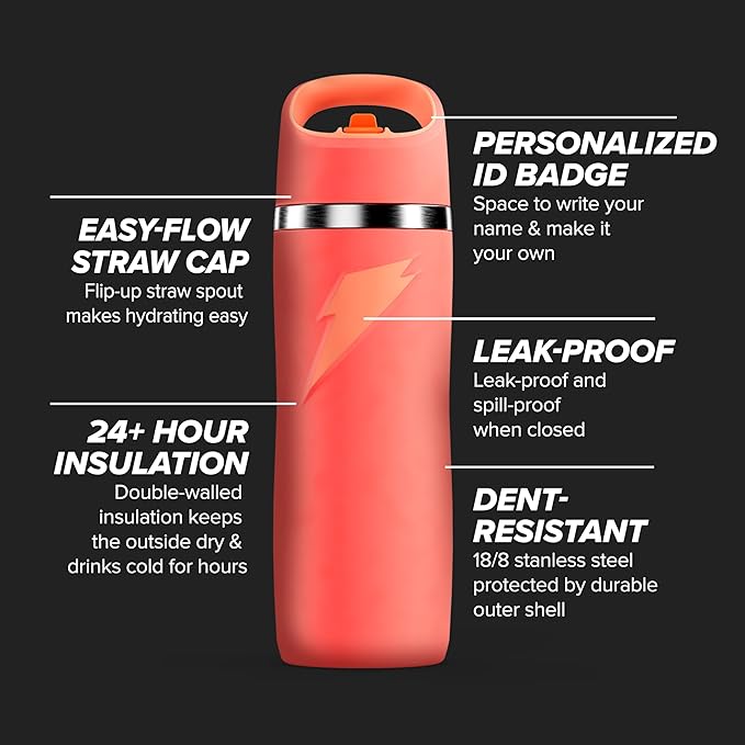 Gatorade 'Overtime' 22oz Stainless Steel Water Bottle, Straw Cap, Coral