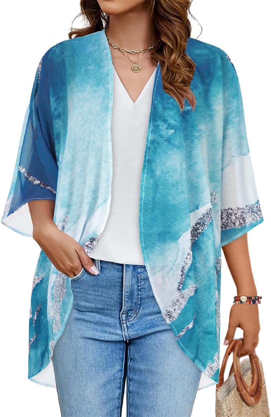 Floral Print Kimono Cardigan Women Puff Sleeve Cover Up Casual Blouse Loose Top