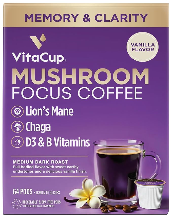 VitaCup Focus Mushroom Coffee Pods, Vanilla Flavored Coffee with Chaga, Lion’s Mane, Vitamins, Medium Dark Roast Arabica Beans, Recyclable Single Serve Pods Compatible with Keurig K-Cup Brewers, 64 Ct