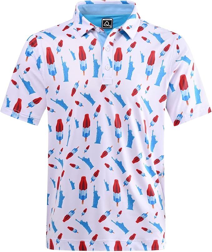 Men wearing a stylish printed short-sleeve performance golf polo shirt