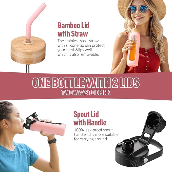 Kodrine Water Bottle with Straw, 24 oz Glass water Bottle with 2 Lids Bamboo Straw Lid and Spout Lid with Handle, 32 oz Clear Water Bottle Glass for Sports Travel, Waterbottle with Time Marker