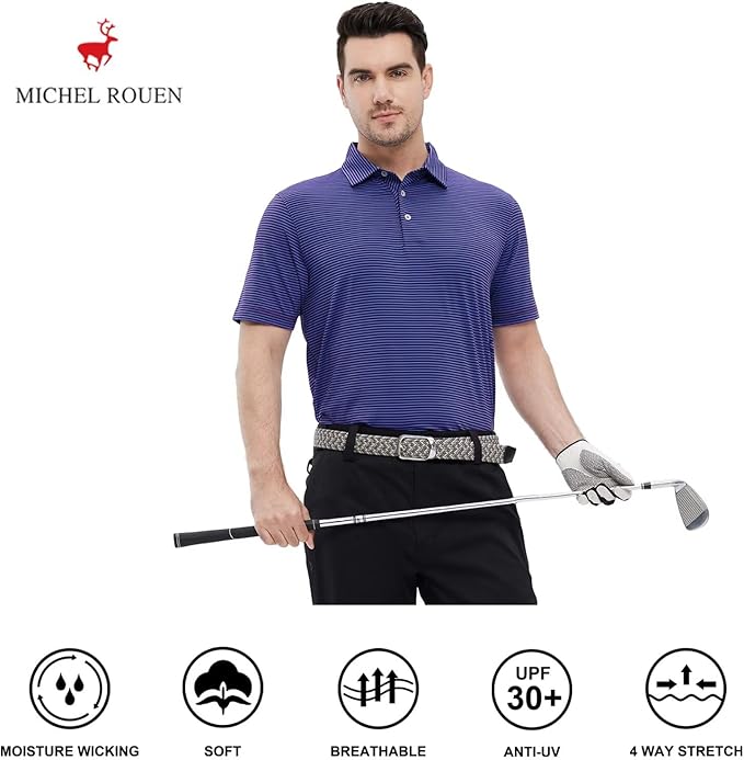Men's Striped Performance Golf Polo Shirt - Moisture-Wicking Dry Fit