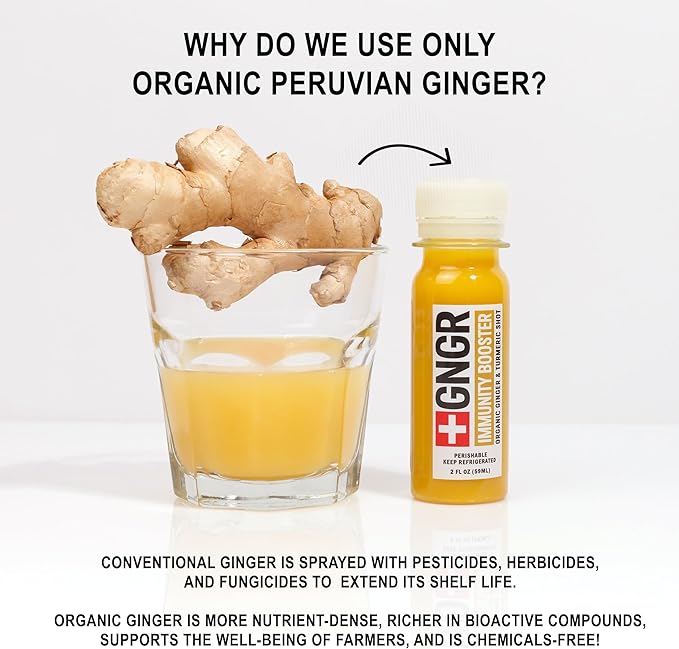 '+GNGR Energy Booster & Immunity Shot, Cold-Pressed Ginger Shots with Lions Mane, 75mg of Natural Caffeine Green Tea, Turmeric Root, Vitamin D & Zinc for All Natural Immune Support (2 Oz, Pack of 12)