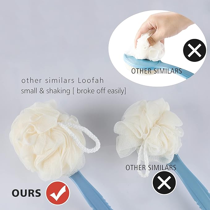Shower Body Brush with Bristles and Loofah,Back Scrubber Bath Mesh Sponge with Curved Long Handle for Skin Exfoliating Bath, Massage Bristles Suitable for Wet or Dry, Men and Women (Blue)
