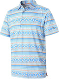 Close up of men's performance striped golf polo featuring moisture wicking technology