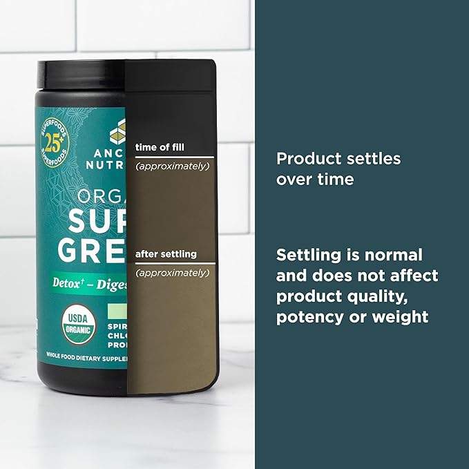 Ancient Nutrition SuperGreens Powder with Probiotics, Organic Peppermint Flavor Greens, Made from Real Fruits, Vegetables and Herbs, for Digestive and Energy Support, 25 Servings, 7.23oz