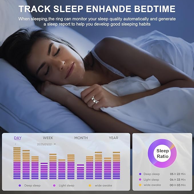 Health Tracker Smart Ring for Men Women-IP68 Waterproof Sleep Tracker with Heart Rate/Blood Pressure/Blood/Physiological Cycle/Oxygen Tracking, Step Counter, iOS & Android Compatible (7#)