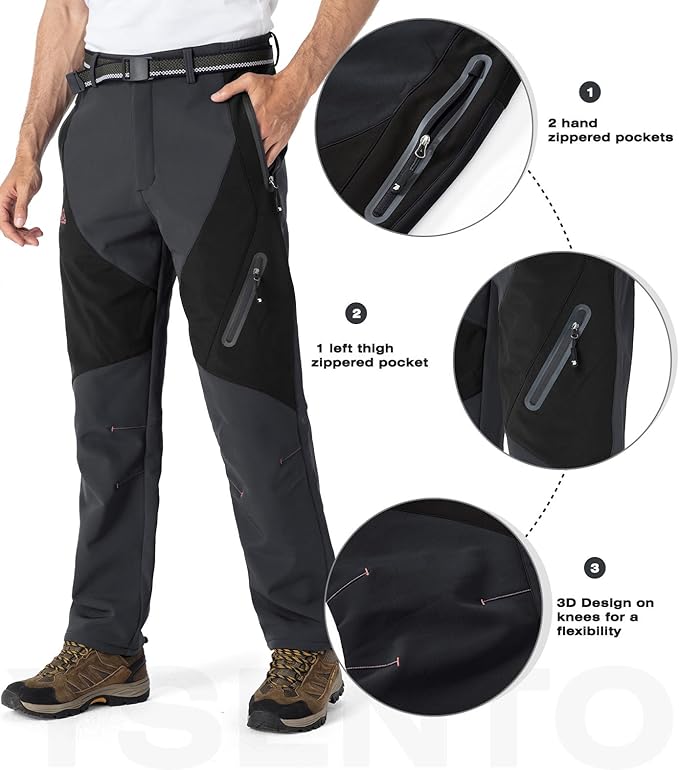 YSENTO Men's Fleece Lined Ski Snow Pants Winter Waterproof Softshell Insulated Hiking Cargo Pants