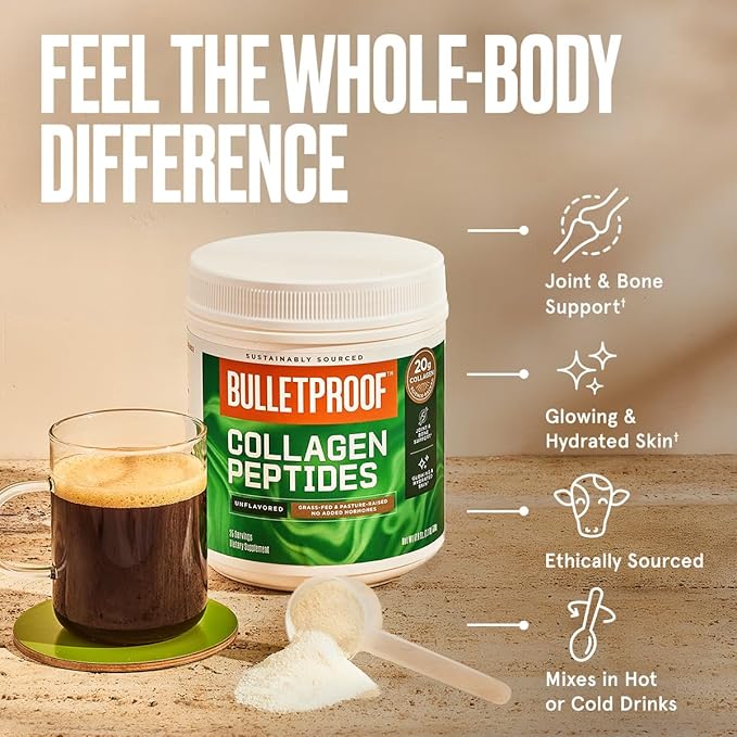 Bulletproof Unflavored Collagen Peptides Powder, 17.6 Ounces, Grass-Fed Collagen Protein and Amino Acids for Skin, Bones and Joints