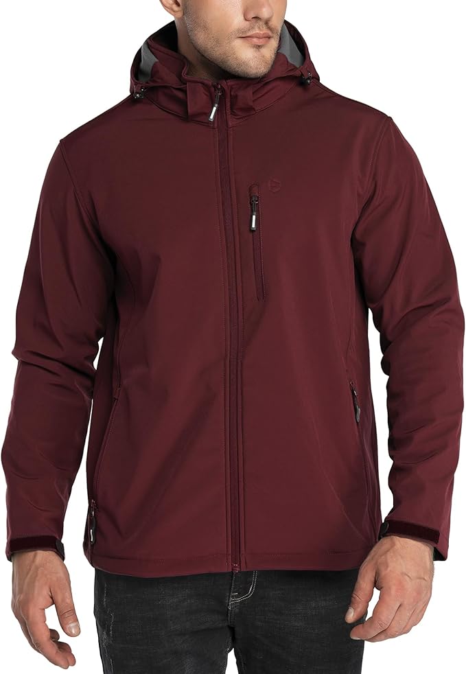 Outdoor Ventures Men's Lightweight Softshell Jacket Fleece Lined Hooded Water Resistant Winter Hiking Windbreaker Jackets