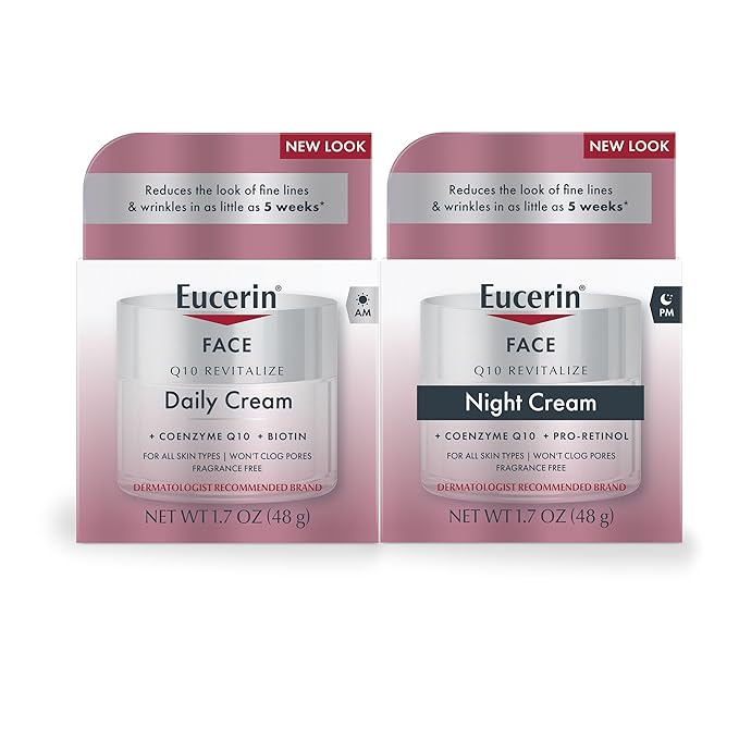 Eucerin Q10 Skin Care Set, Anti Wrinkle Daily Face Cream with Biotin (1.7 Oz) + Anti Wrinkle Night Cream with Pro-Retinol (1.7 Oz), Fragrance Free Face Moisturizer for All Skin Types