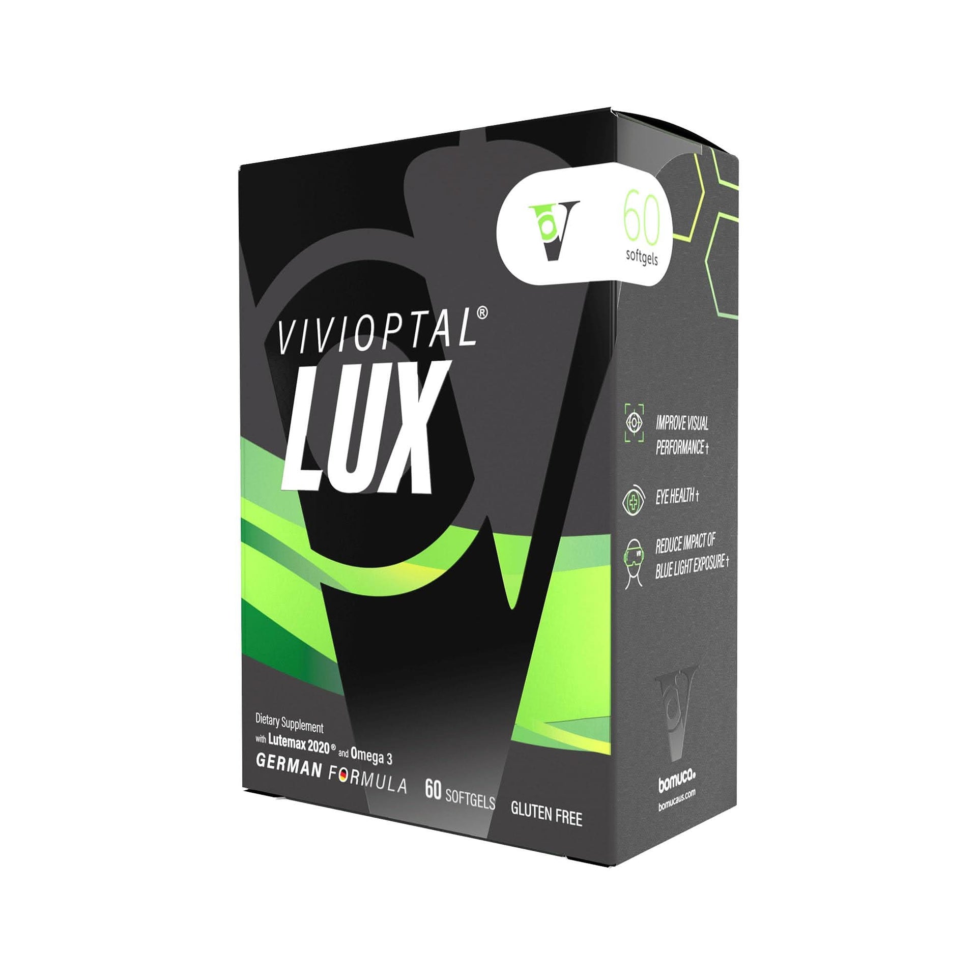 Vivioptal Lux 60 Softgels bottle featuring Lutemax 2020, Omega-3, and essential vitamins for eye health.