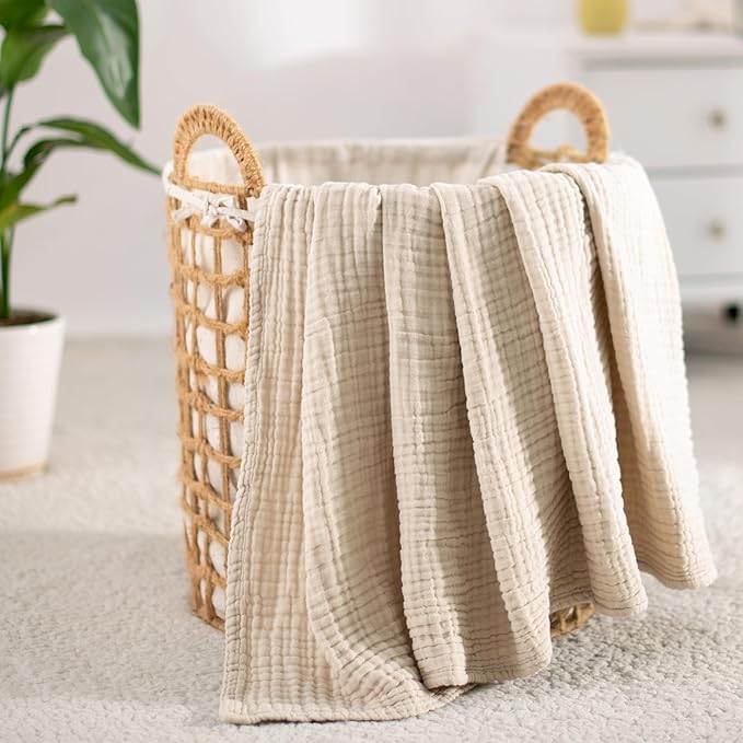Carriediosa 100% Cotton Muslin Throw Blanket 70" X 80" Twin Size，4-Layers Summer Gauze Throws for Bed Couch，Soft Lightweight Breathable Linen Blankets Bedspread for Adults All Season，Khaki