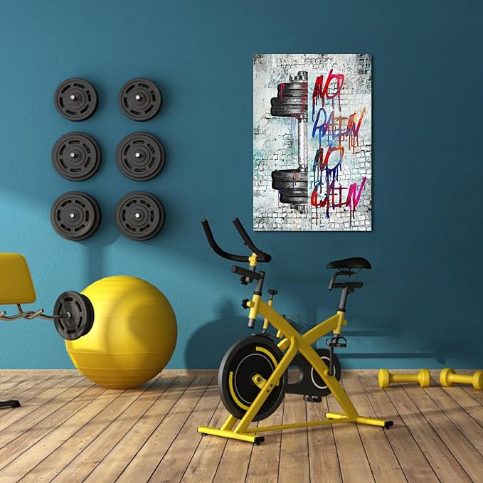 iHAPPYWALL Vintage Inspirational Fitness Quotes Wall Art No Pain No Gain Dumbbells Gym Sport Picture for Home Bodybuilding Room Bedroom Decor Ready to Hang 24x36inch (Grey)