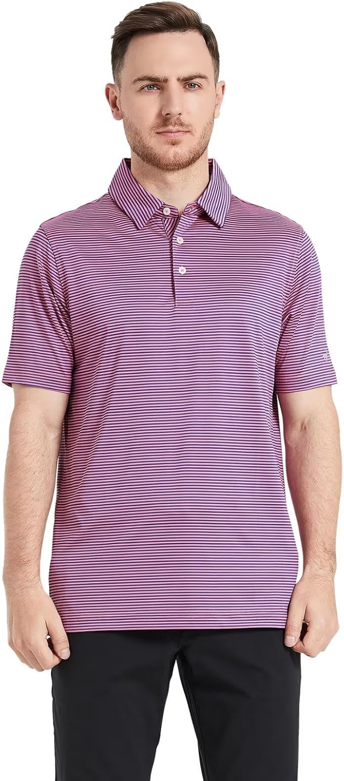 Mens Striped Performance Golf Polo Shirt - Moisture Wicking Dry Fit