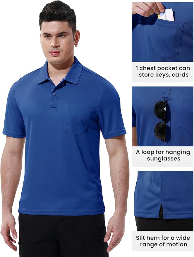 Men's Short Sleeve Quick Dry Polo Shirt with Chest Pocket for Golf