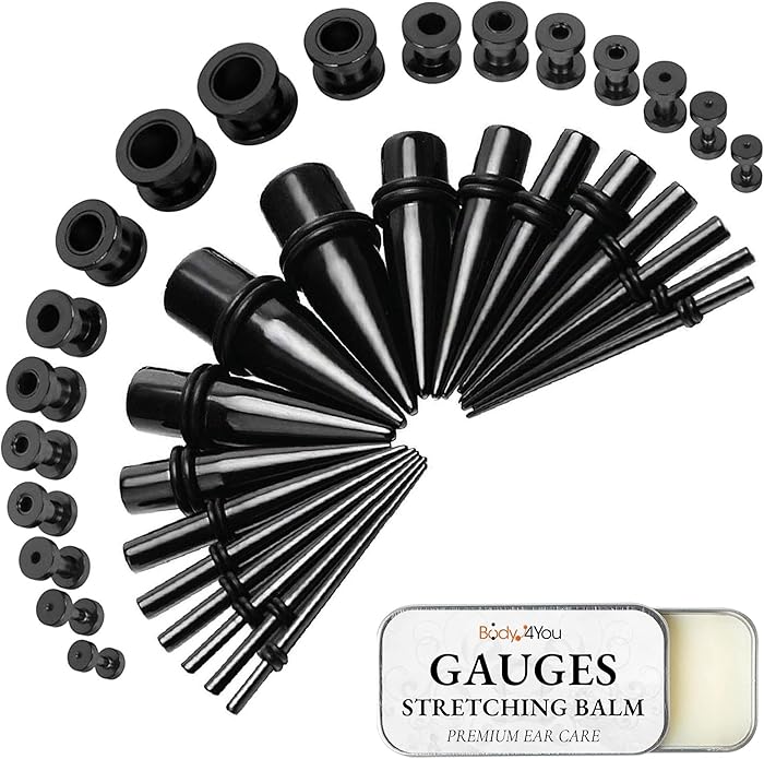 BodyJ4You 37PC Ear Stretching Kit - Beginner Gauges 14G-00G Starter Set - Aftercare Balm Wax - Steel Tapers Single Flare Plugs Screw Fit Tunnels - Women Eyelet Mens Earrings Expander Piercing Jewelry