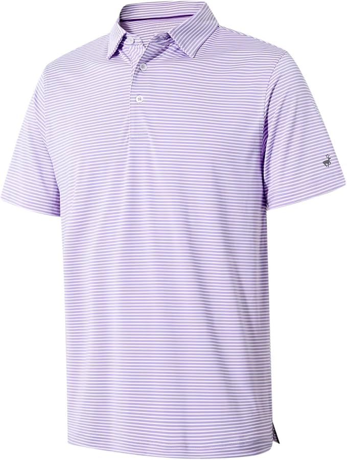 Men's Michel Rouen golf polo featuring light lavender and white horizontal micro-stripes with a collared, short-sleeve athletic fit.