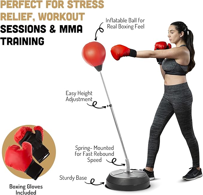 Punching Bag with Stand, Boxing Bag for Teens & Adults - Height Adjustable - Speed Bag for Training, Boxing Equipment, Stress Relief & Fitness