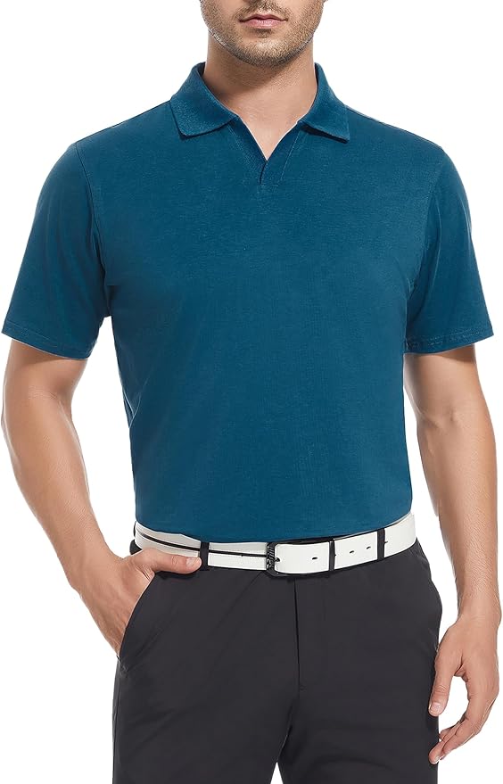 Men's V-Neck Short Sleeve Performance Polo Shirt Cotton Blend
