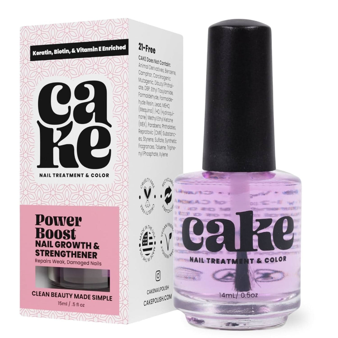 Clear glass bottle of CAKE Power Boost nail strengthening treatment