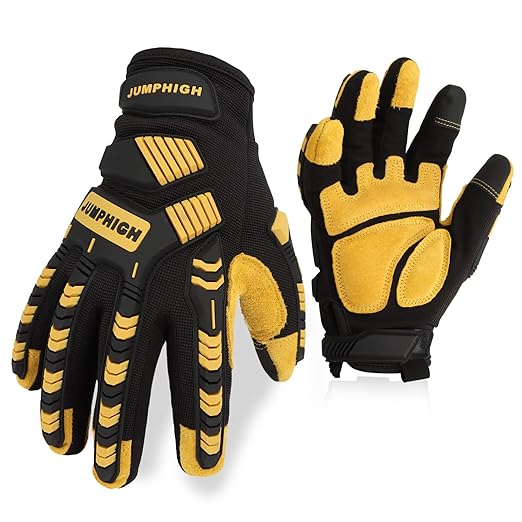 JUMPHIGH Work Gloves for Men, Heavy Ducty TPR Protector Impact Gloves, Anti Vibration, Abrasion Resistance, Flex Grip, Touch Screen (M)
