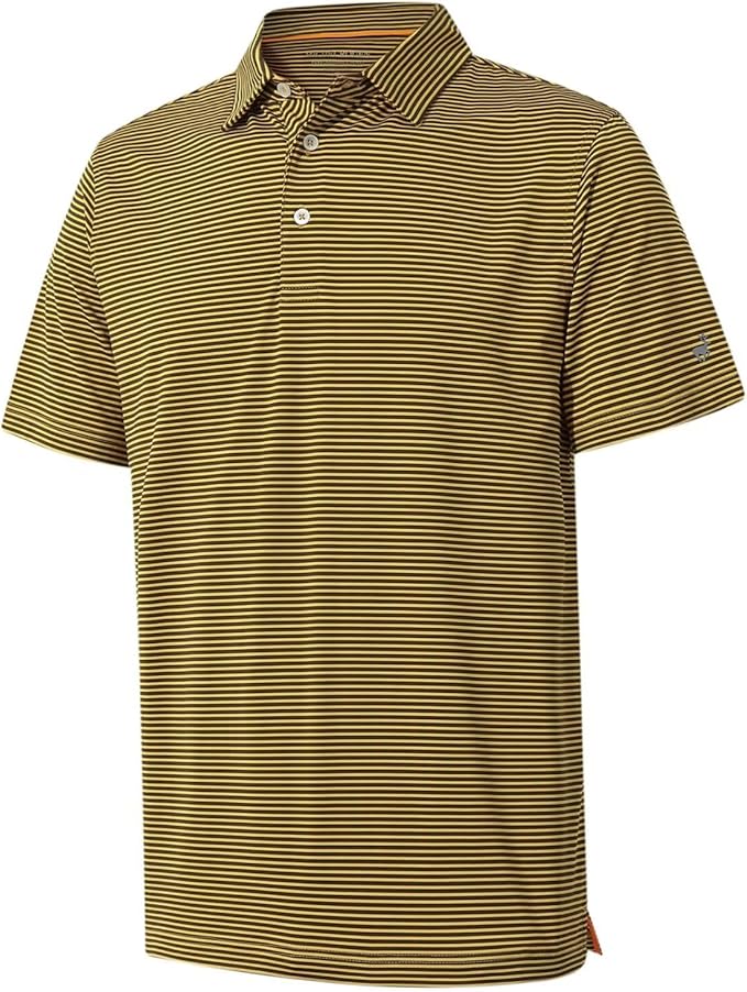 Men's striped athletic golf polo with short sleeves and performance fabric