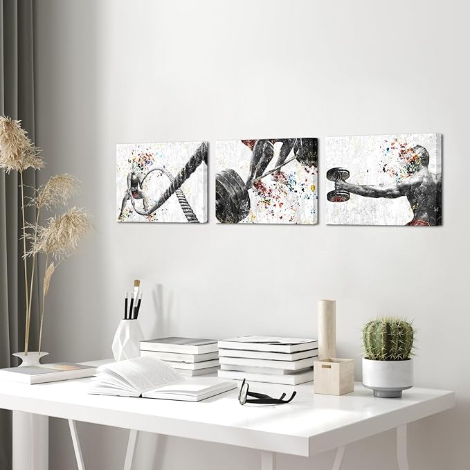 KREATIVE ARTS 3 Pieces Fitness Gym Canvas Wall Art - 12"x16" Framed Workout Prints with Weightlifting, Dumbbell, Barbell & Fitness Rope Motifs, Black & White Sport Painting, Home Gym Decor