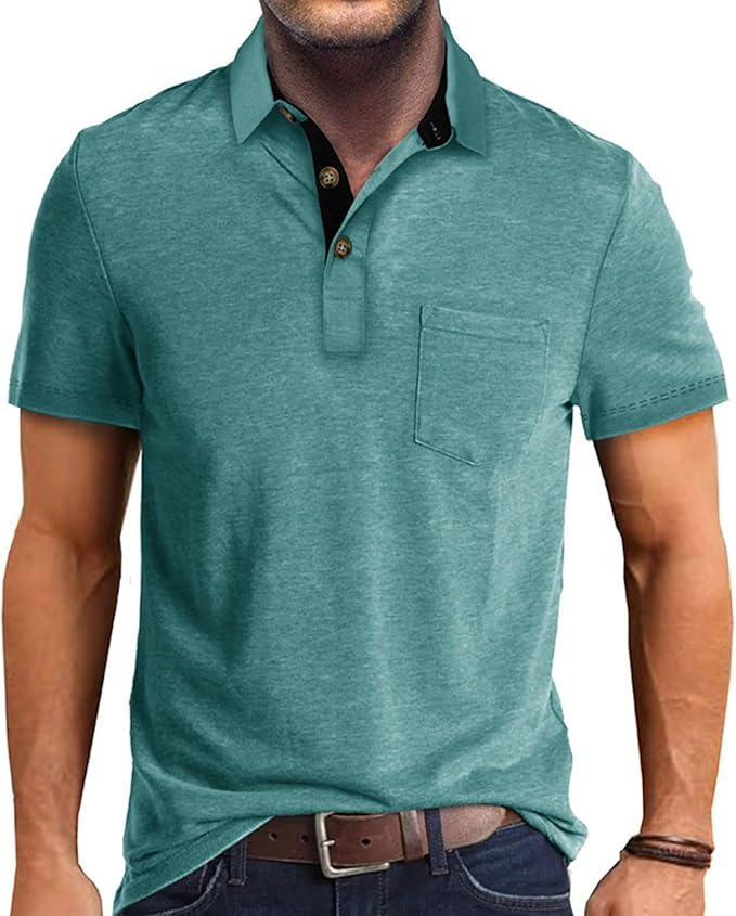 A stylish men's short sleeve cotton polo shirt with a classic lapel collar and button detailing in a solid color.