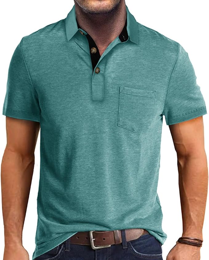 A stylish men's short sleeve cotton polo shirt with a classic lapel collar and button detailing in a solid color.