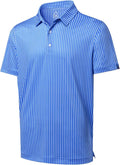 A blue and white striped men's golf polo shirt made of moisture-wicking dry-fit fabric.