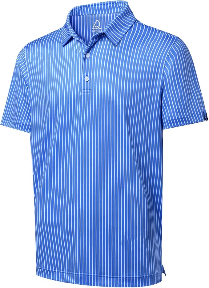A blue and white striped men's golf polo shirt made of moisture-wicking dry-fit fabric.