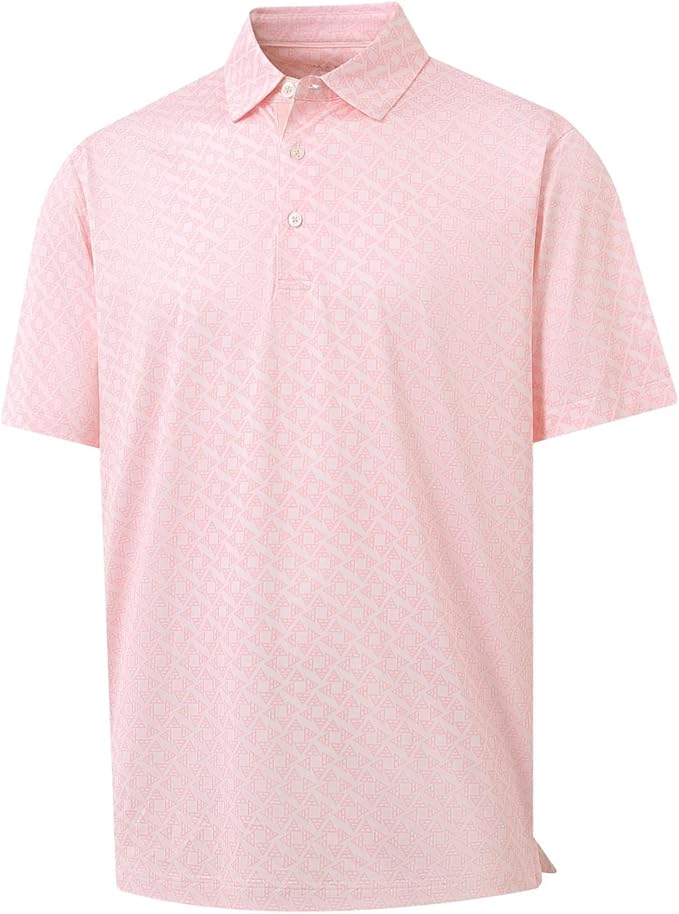 Close up of a men's striped performance golf polo shirt with moisture wicking fabric