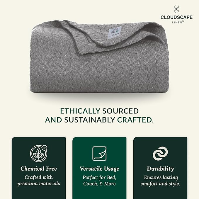 Cloud Scape Linen 100% Cotton Queen Size Blanket, Herringbone Pattern, Lightweight Summer Blanket,Best Gifts for Women, fits Full Size Bed, 92 x 92, Dark Grey