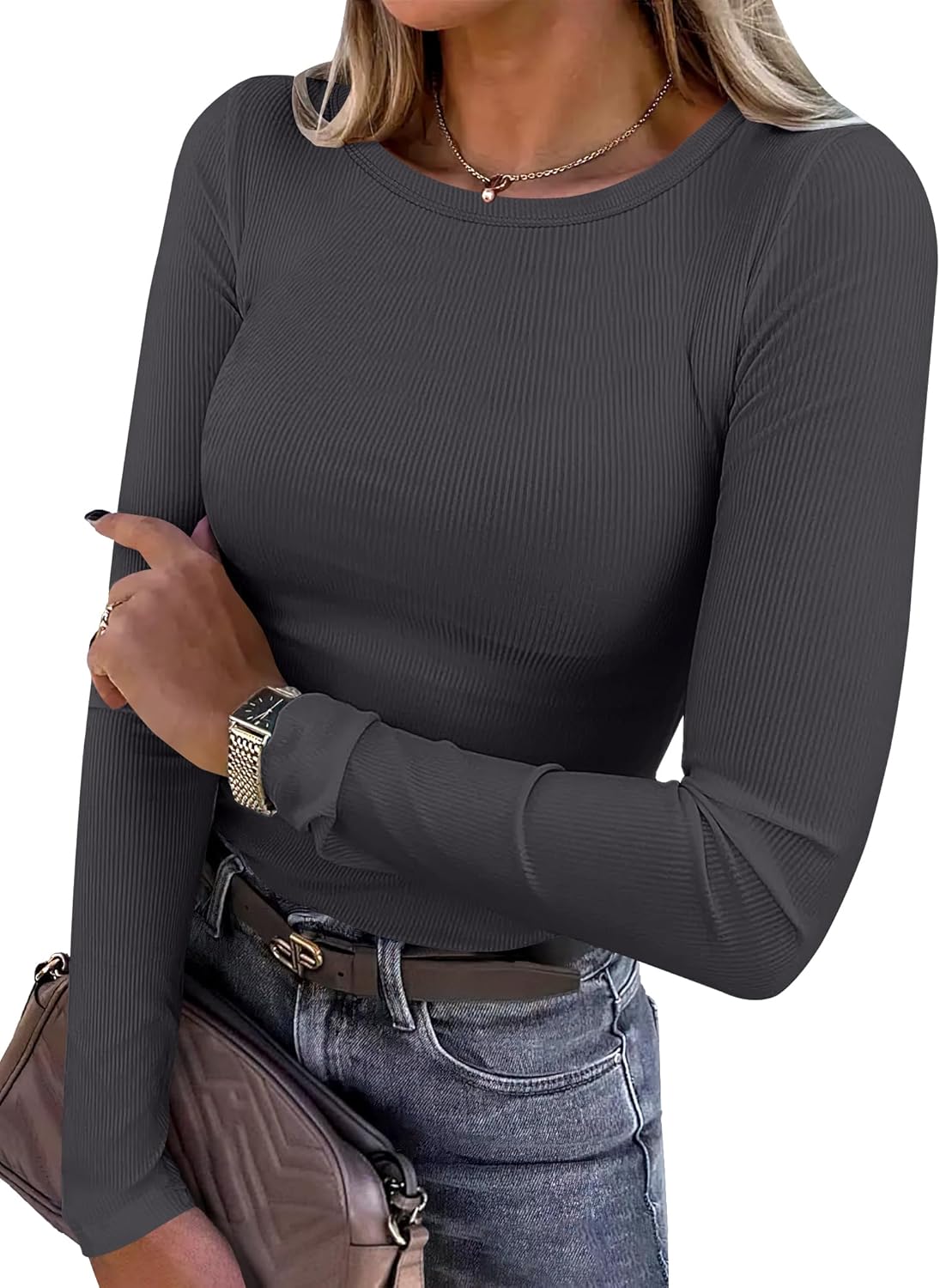 Women's Long Sleeve Rib Knit Shirt Slim Fit Crew Neck Basic Tee