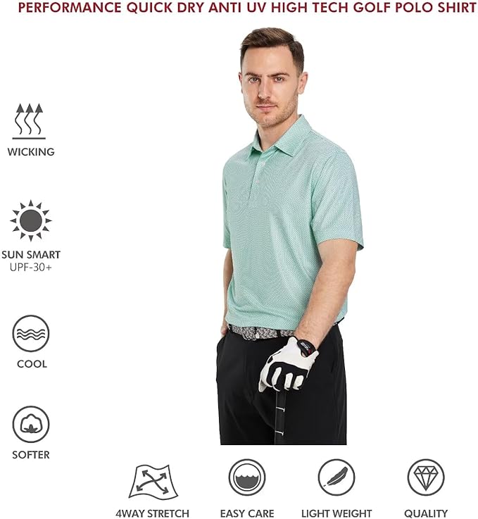 Men's Striped Performance Golf Polo Shirt Moisture Wicking Dry Fit