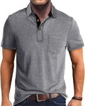 A stylish men's short sleeve cotton polo shirt with a classic lapel collar and button detailing in a solid color.