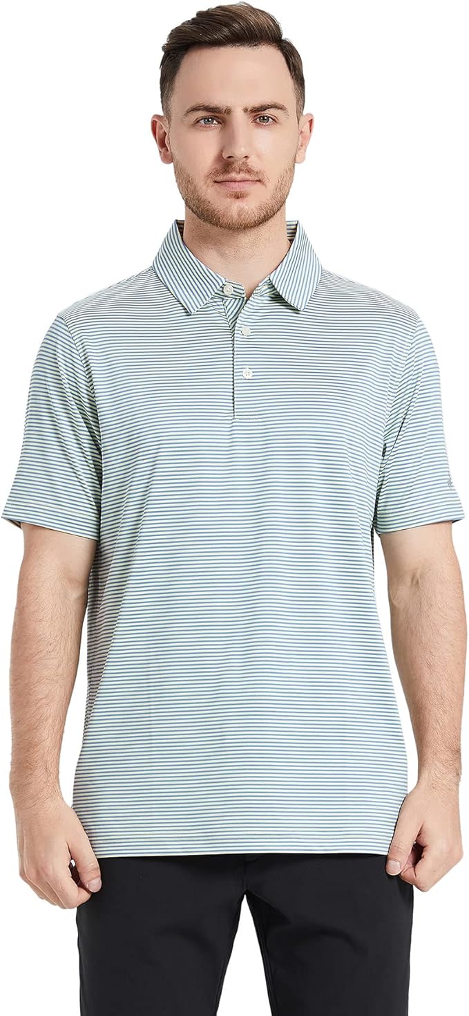 Men's Striped Performance Golf Polo Shirt - Moisture Wicking UPF 30