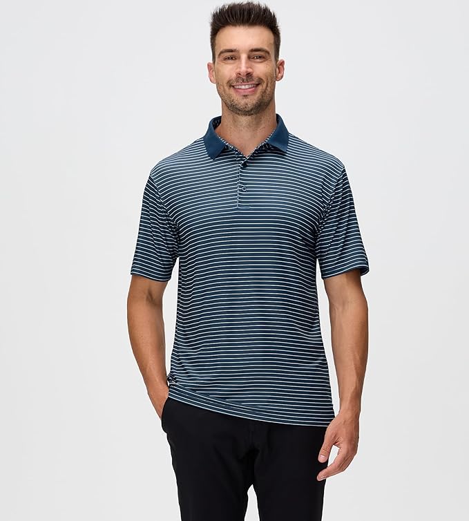 Men's Jacquard Striped Golf Polo - Moisture Wicking Active Shirt